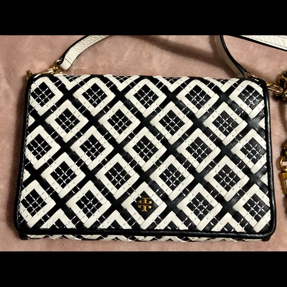 NWT Tory Burch Robinson Woven White & Black Leather Combo Purse Handbag - Picture 3 of 10